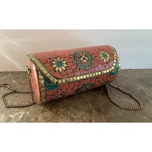Antik Kraft Mosiac Cylinder Hard Case Clutch Shoulder Bag Coral Turquoise Brass